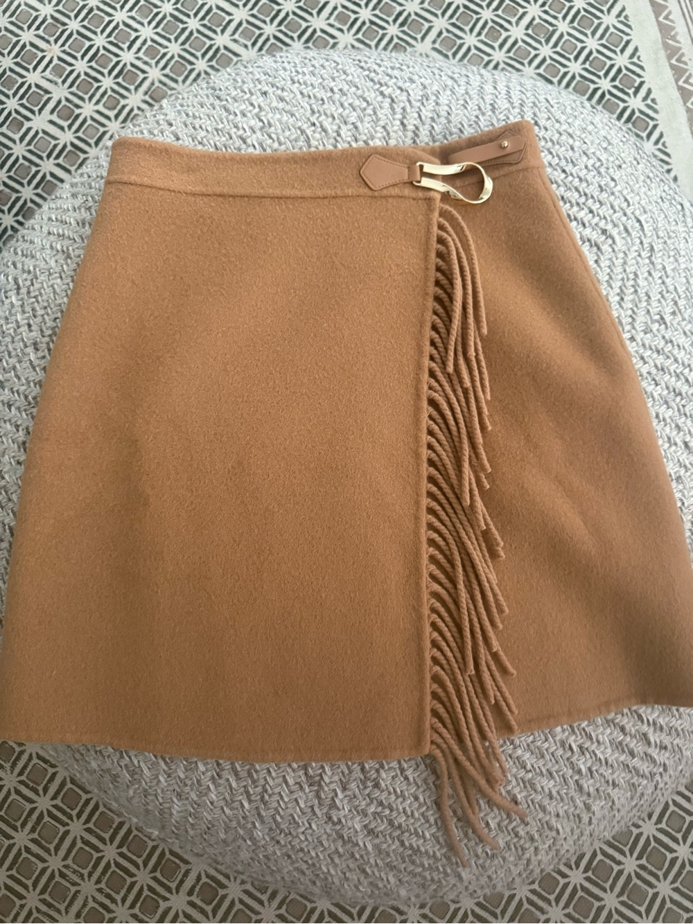 Sandro Camel Fringe A-Line Wrap Mini Skirt Gold Buckle Wool Blend Size 1